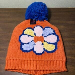 NWT No Boundaries Knit Bobble Pom Hat Flower Design Orange Blue Boho Cute